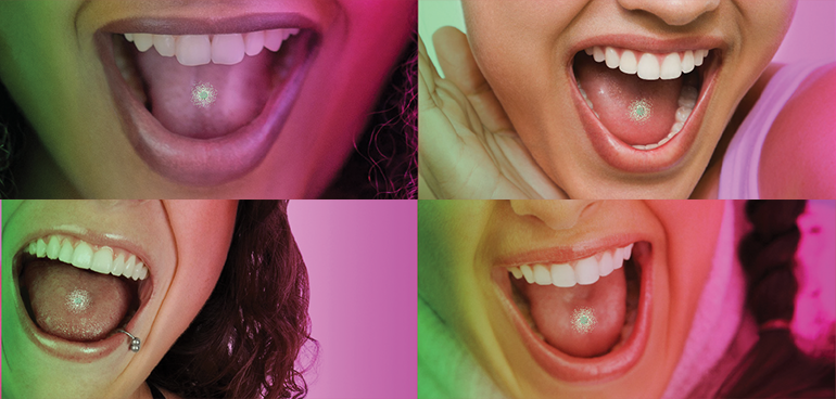 4-women-stack dissolving birth control pill inside woman's mouth